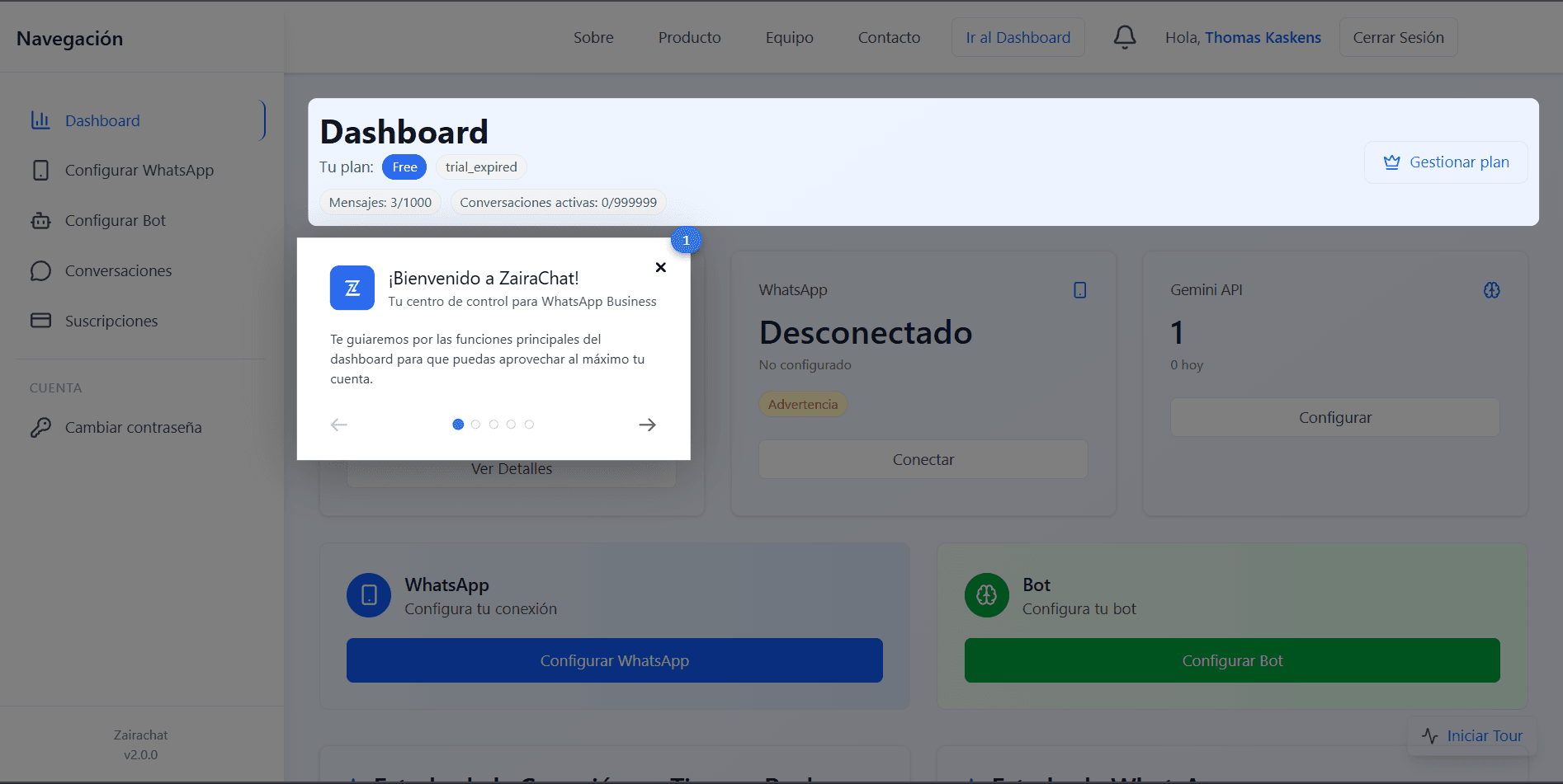 Dashboard de ZairaChat